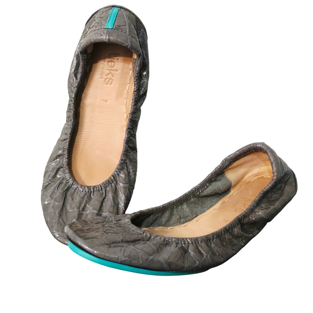 Tieks by Gavrieli Grey Crock Patent Leather Ballet Flats Size 7 Teal Sole